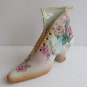 Victorian Painted Roses Ceramic Shoe Boot 6" Gold Color Trim RS Reproduction Vtg